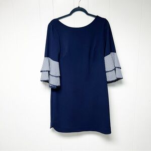Jessica Howard Blue Sheath Dress with Gingham Bell Sleeves 10